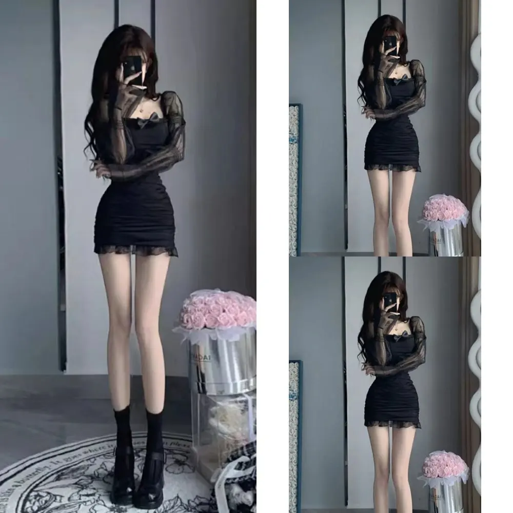 Sweet Style Summer Long Sleeve Bubble Sleeve Mesh Trim Bodycon Dress Women's Design  Knot Pure Desirable Slimming Se...