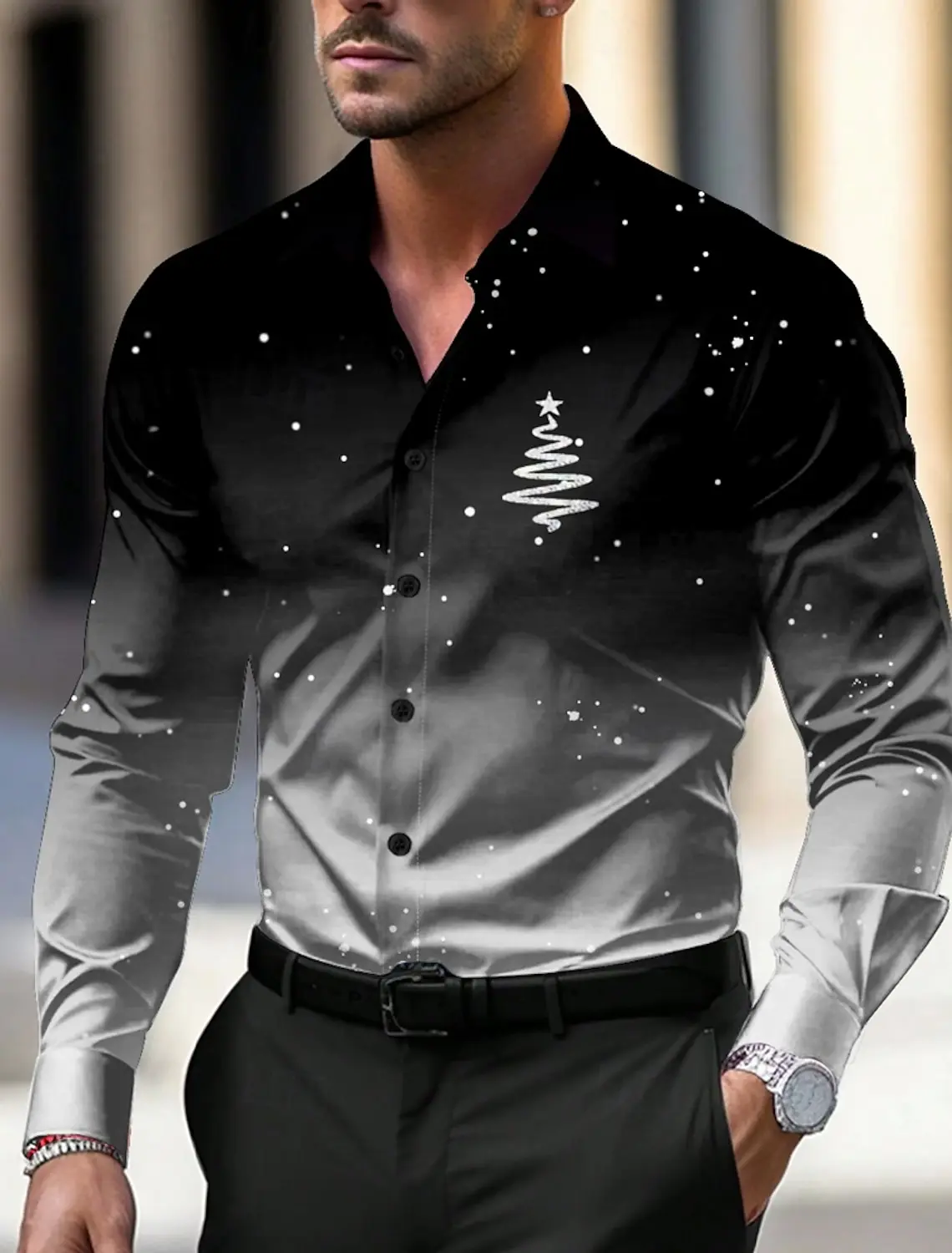 Christmas Theme Men\'s Christmas Trees Logo Printed Shirts Snowflake Gradient Graphics Button Up Long Sleeve Shirts Fashion Tops