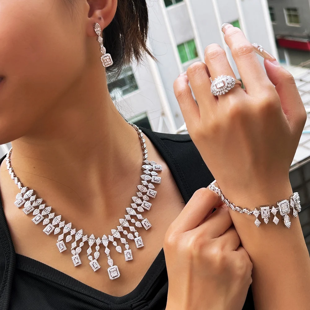 CWWZircons Baguette Cut CZ 4Pcs Jewelry Set Necklace Earrings Bracelet Ring Bridal Wedding Jewelry for Women T0943