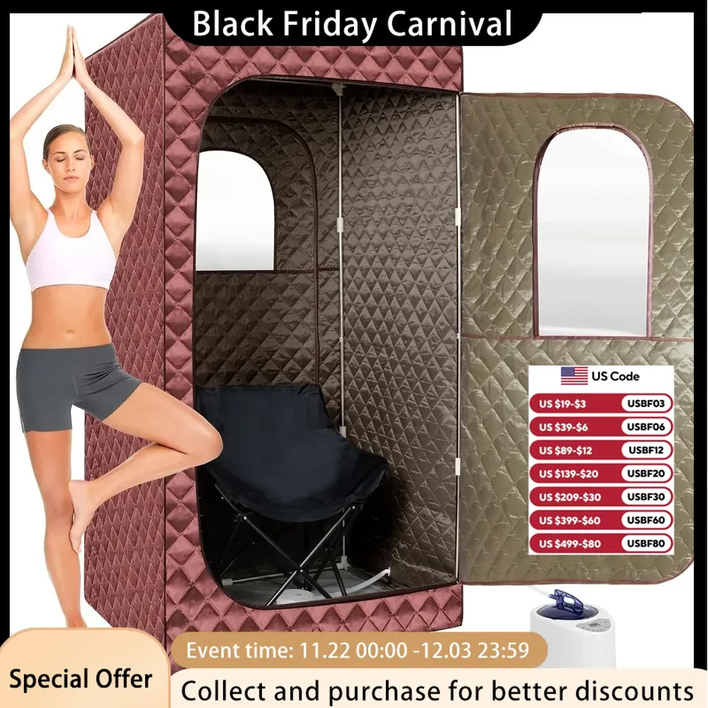 Portable Home Steam Sauna, 3L Steam Engine Sauna Tent, Remote Control, Folding Chair (brown), Full-size Personal Sauna Room