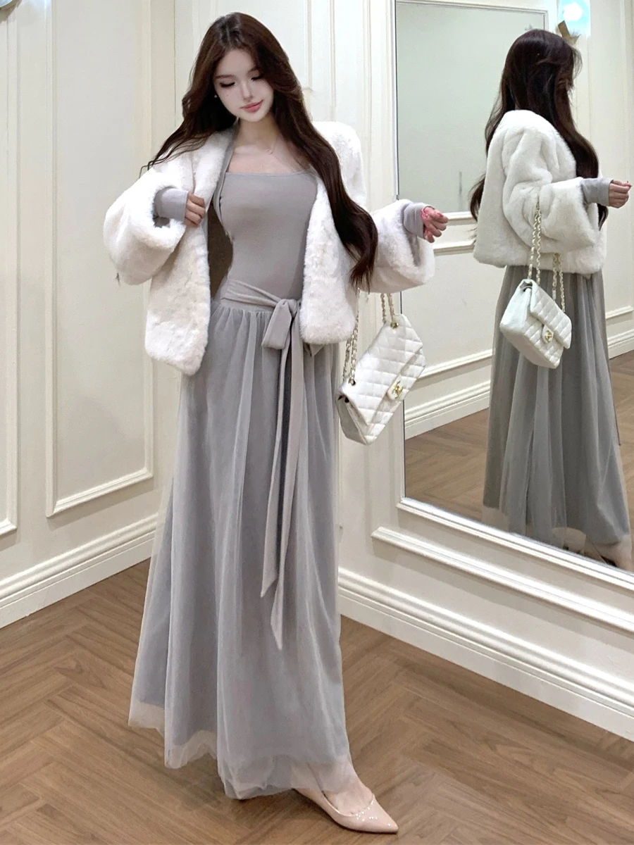 Korean Style Thickened Soft Eco-Friendly Mink Velvet Loose Coat Shoulder Bared Net Gown with Chest Pad Waist Cinched Long Dress