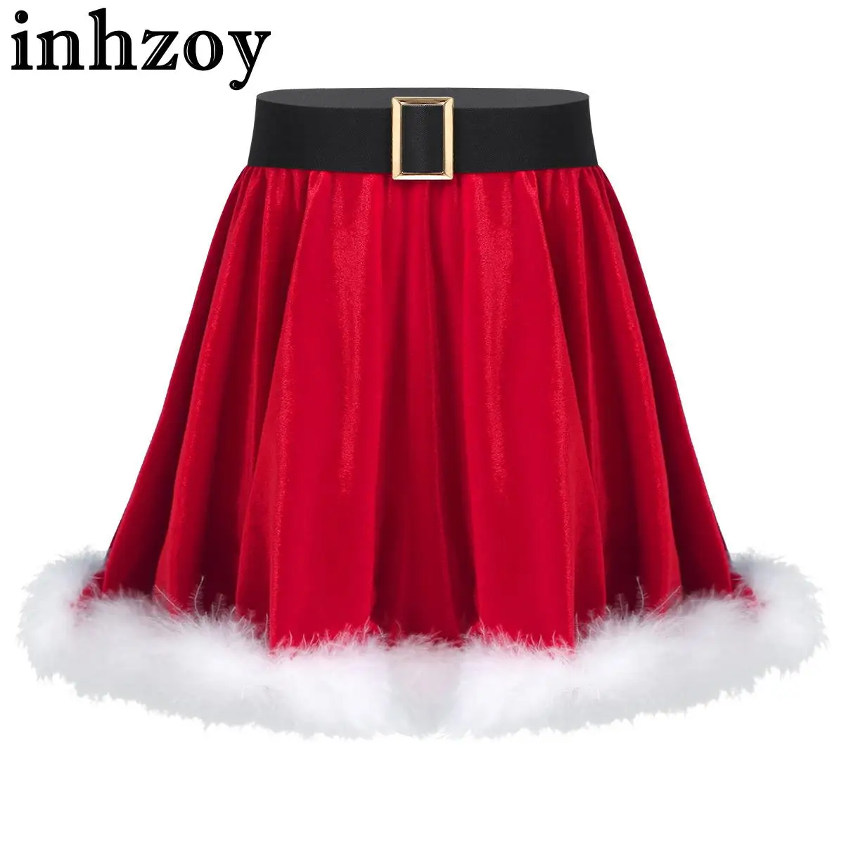 

Kids Girls Christmas Santa Claus Mini Skirt High-Waist Belted Fur Trim Velvet Skirts New Year Party Dance Performance Costume