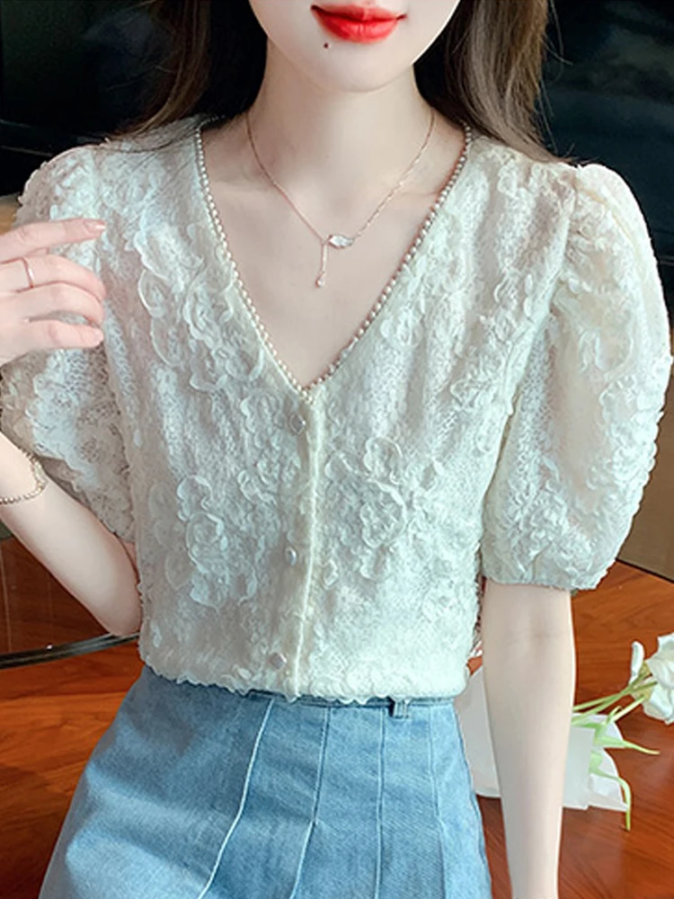 Summer Women Tops Beading V-Neck Apricot Lace Blouse Shirt Blusas Mujer De Moda 2024 Verano Short Sleeve Blouse Women Blusa G603