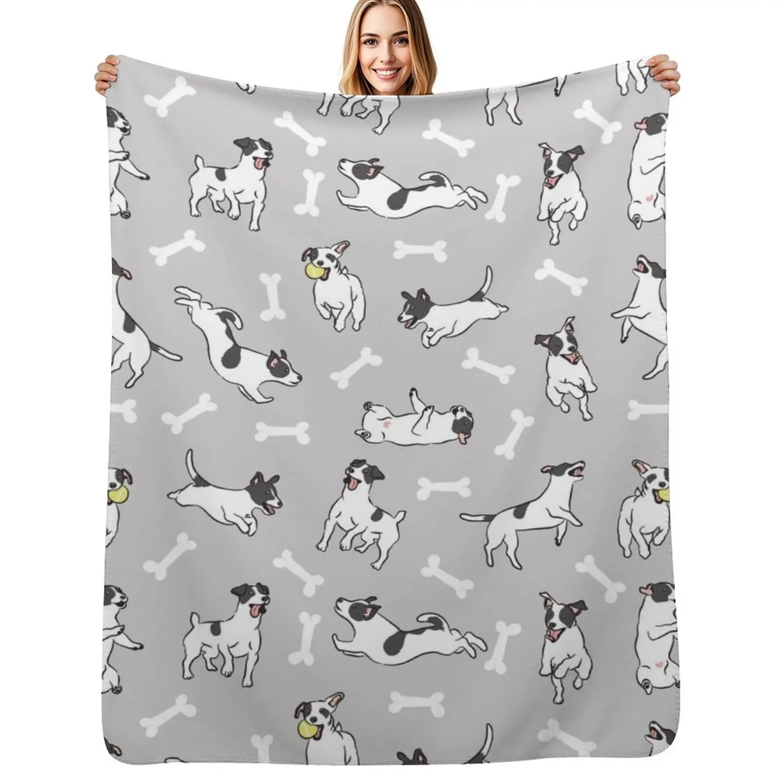 Playing Black and White Jack Russell Terrier - Gray Background Throw Blanket Soft Big Sofa Bed for babies Blankets