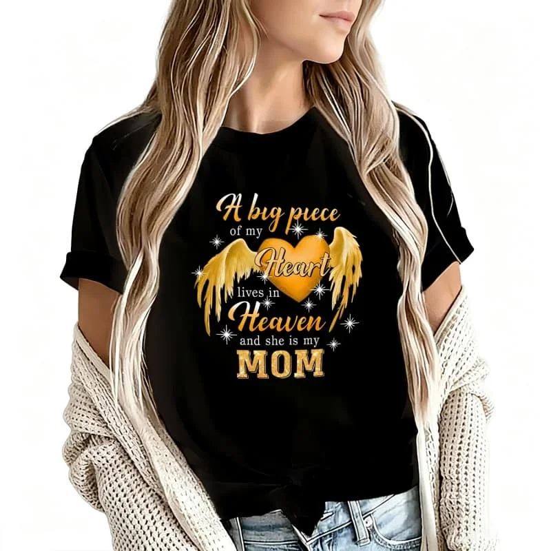 T Lives in Heaven and She Is My Mom Women's T-Shirt 100% Cotton Funny Graphic Short Sleeve Tee Novelty Shirt Casual Crew Neck Top S-5Xl