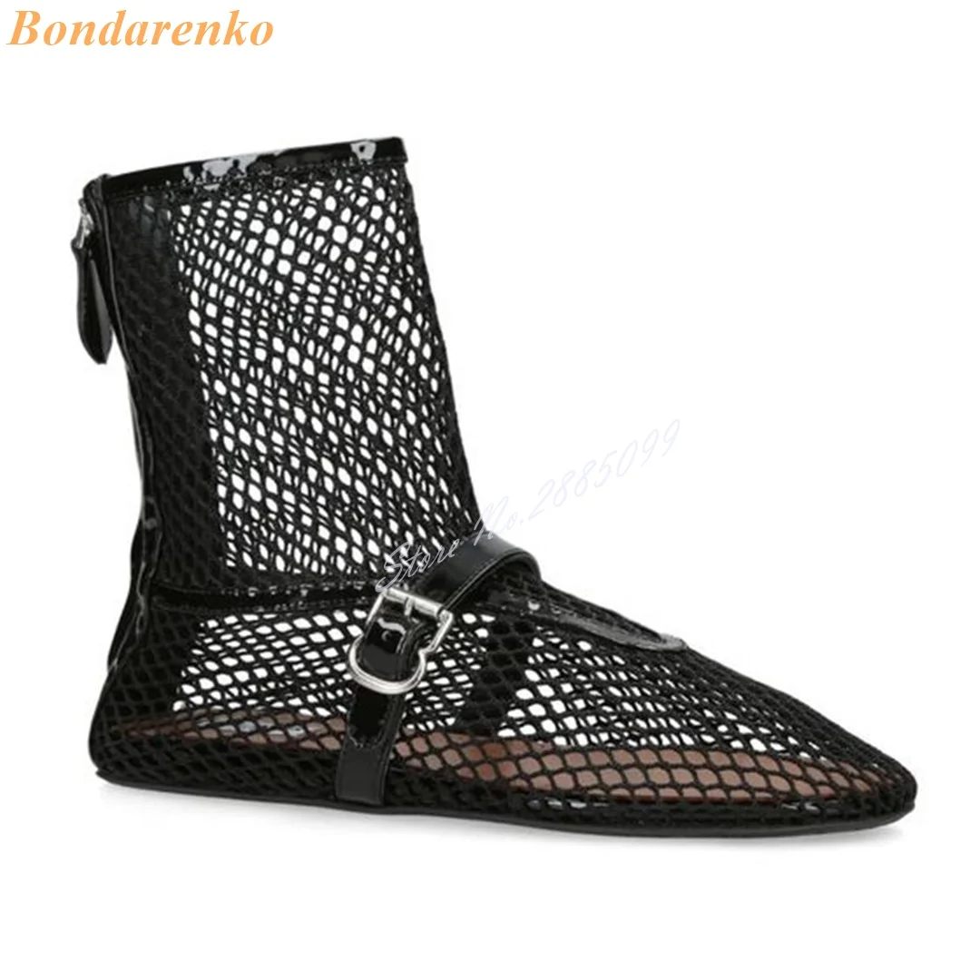 Mesh hohle Sandalen Stiefel runde Zehen flach mit Schnallen Sommer Frauen Schuhe lässig Party zurück Reiß verschluss solide neuen Stil Designer Schuhe