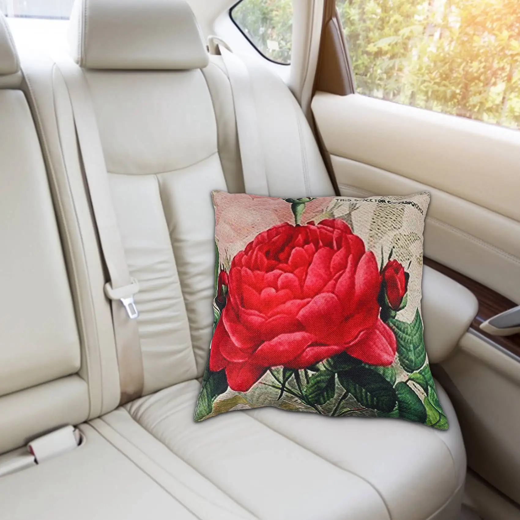 AT16 Vintage Floral/Flower flax Decorative Throw Pillow Case Cushion Cover Home Sofa Decorative(Rose flower)