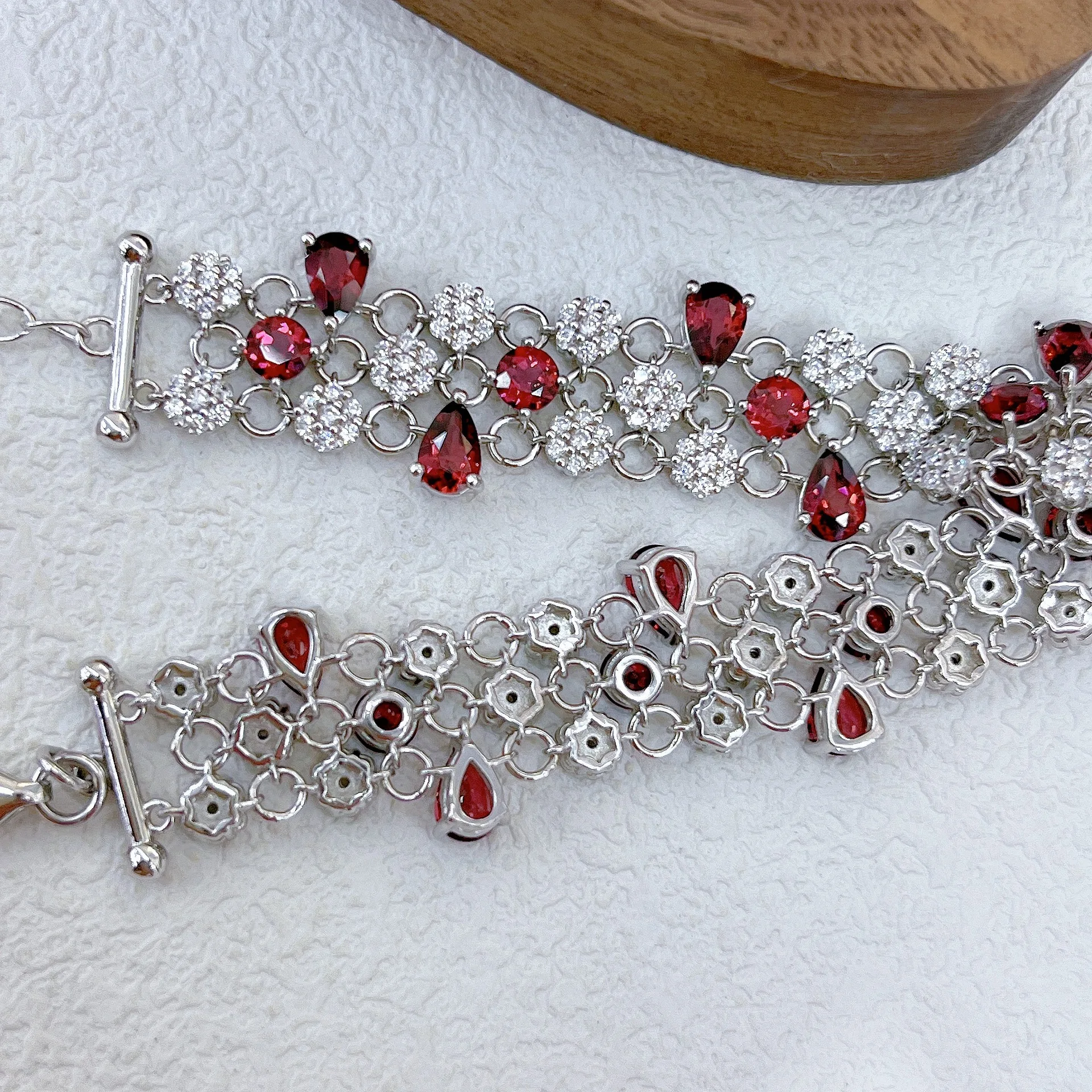 

Rhodolite Garnet Bracelet 4x6mm, S925 Sterling Silver White Gold Plated Purple Red Gemstone