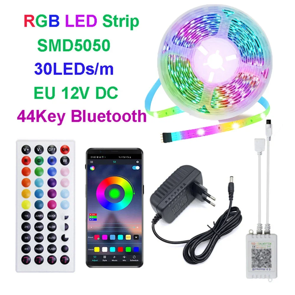 

(EU Plug) RGB LED Strip Lights 30LEDs/M 12V Powered Flexible Light Tape 44key Bluetooth App Music Remote Control for Home Decor
