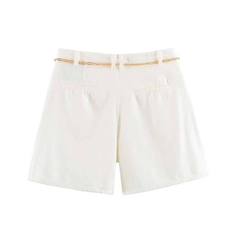 NINE ZAR Women's Denim Shorts  Pants with Chain Waist Belt Straight Leg Cotton Jeans Natural Waist Button Closure