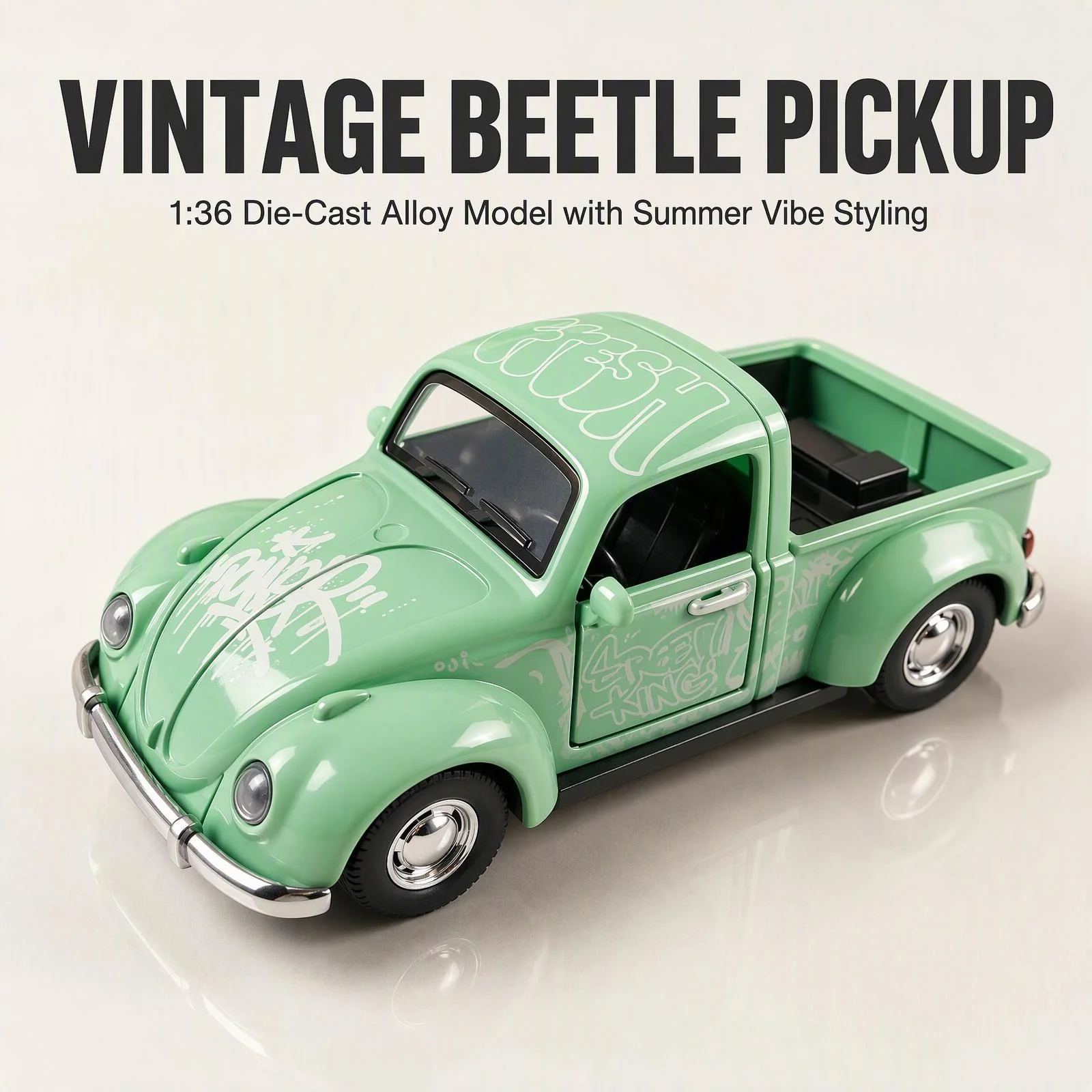 1/36 Light Green Graffiti Style Diecast Vintage Car Model, Open Doors Pull Back Metal Car, Tabletop Display Decoration