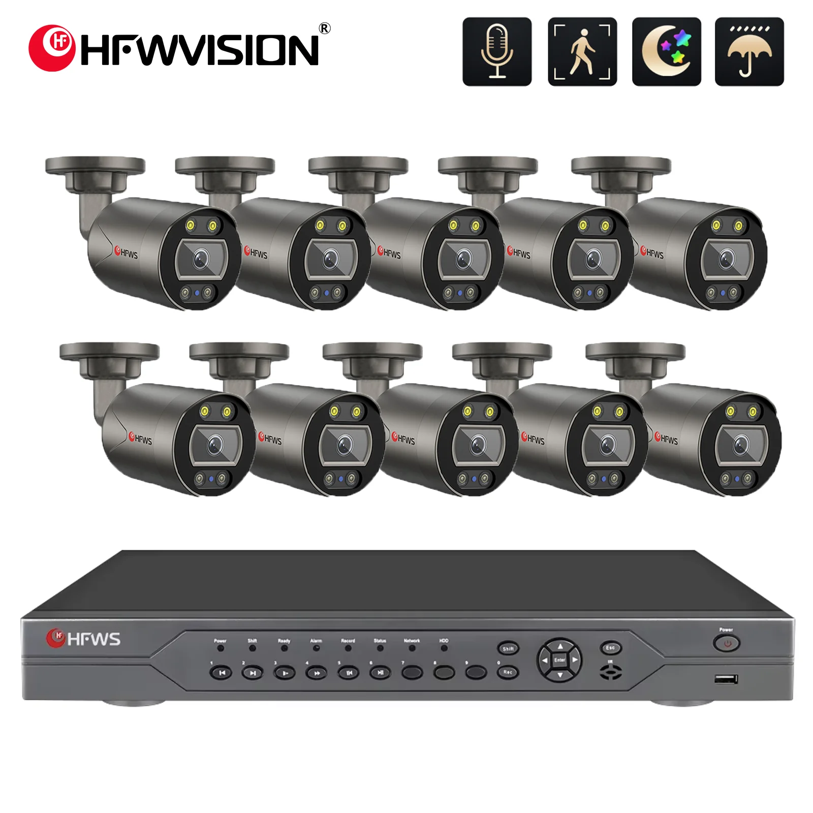 HFWVISION H.265 16CH 8MP POE Camera System IP66 Weatherproof Remote APP Access Outdoor Security Surveillance Set Colorful Night