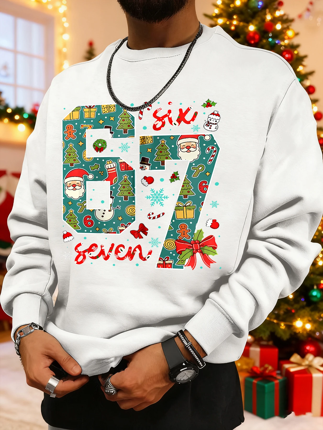 سويت شيرت رجالي، شجرة عيد الميلاد، رجل ثلج، رجل خبز الزنجبيل، قصب الحلوى، رقم 67 عناصر الخريف والشتاء العصرية #1