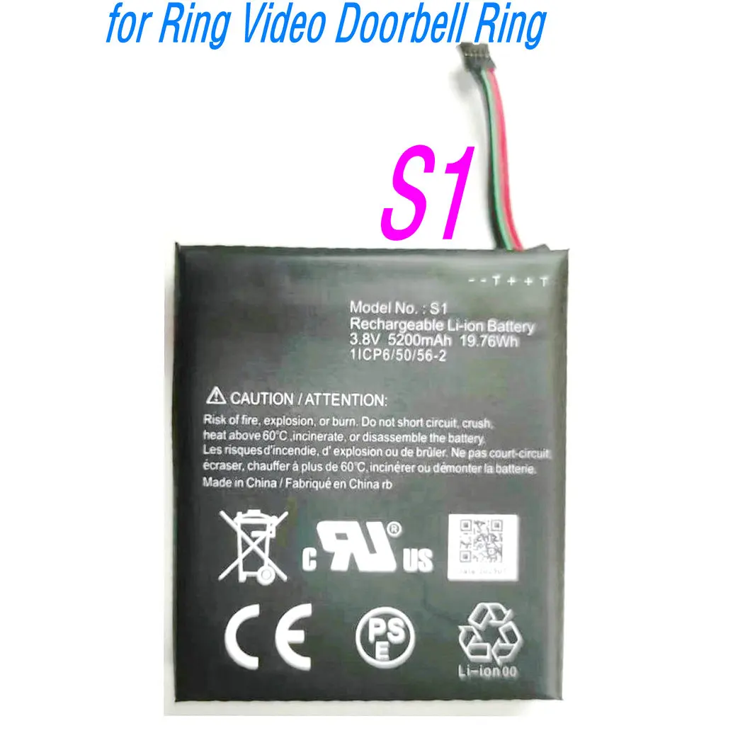 Batería de repuesto S1 S2 de 3,8 V, 5200mAh, para timbre de vídeo Ring 5UM5E5, timbre de segunda generación, primera generación, 1ICP6/5056-2