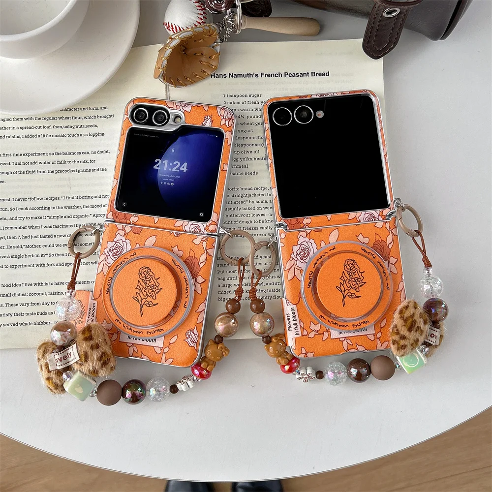 Vintage Orange Rose Phone Case With Grip Stand Bead Strap For Samsung Z Flip8 Flip7 Flip6 Flip5 Flip4 Flip3 Foldable Shell