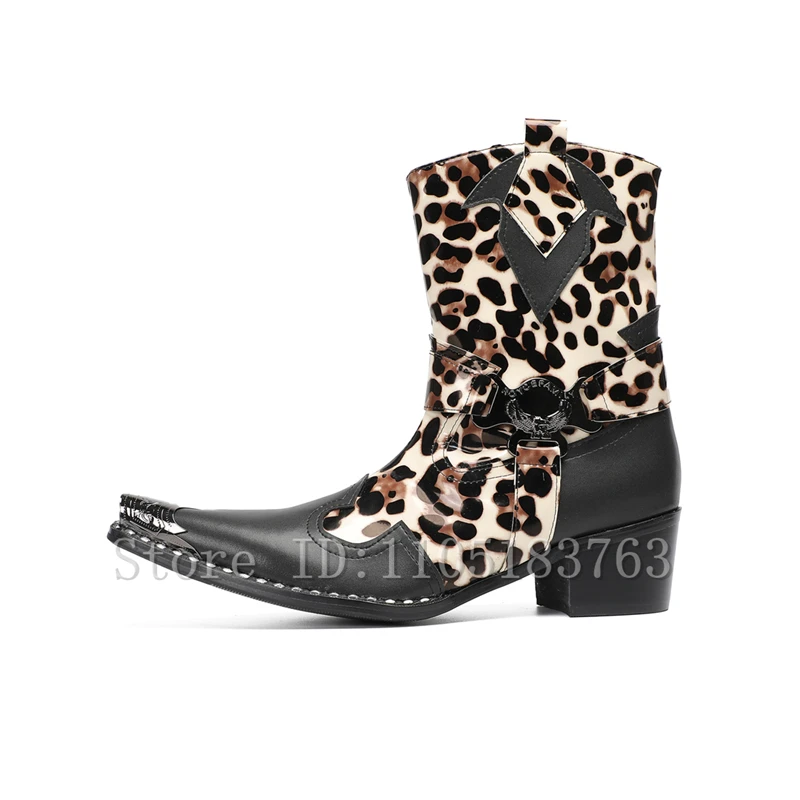 Leopard Print Patchwork Cowboy Boots Men New Fashion Metal Toe Thick Heels Short Boots Casual Party Dress Shoes