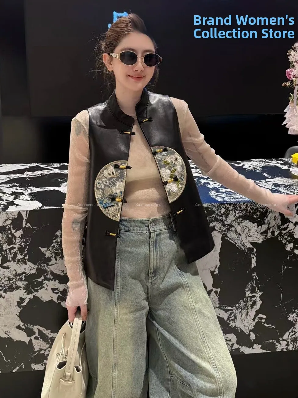 

2026 New Women's Genuine eepskin Leather Vest ort Svel Jaet Slimming Versatile Trendy Commute Sle Plant Floral ...