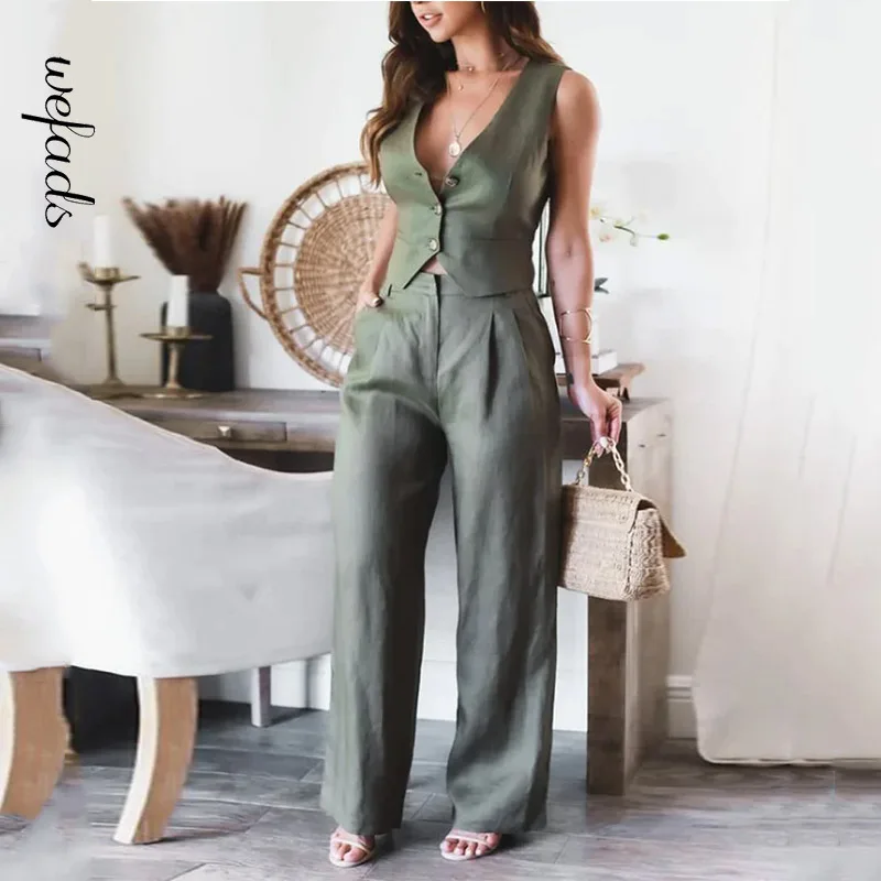 Wefads Blazer Two Piece Women Fashion Office Simple Solid Sleeveless Single Breasted Button Tie Up Jacket Top Loose Pants Sets