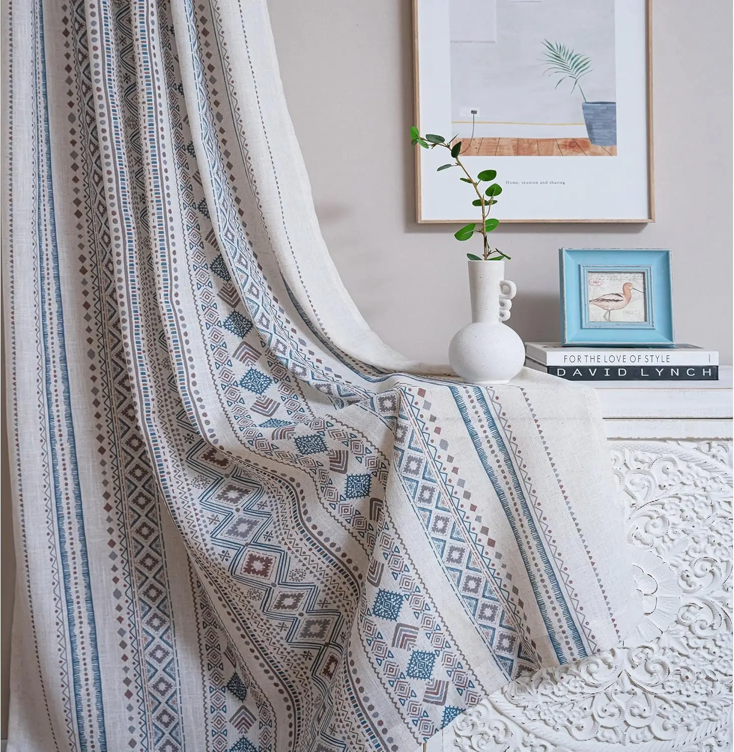 Mysky Home tirai jendela 95 inci Semi tipis, filter cahaya ruang tamu bergaris geometris Boho tampilan Linen untuk ruang tamu