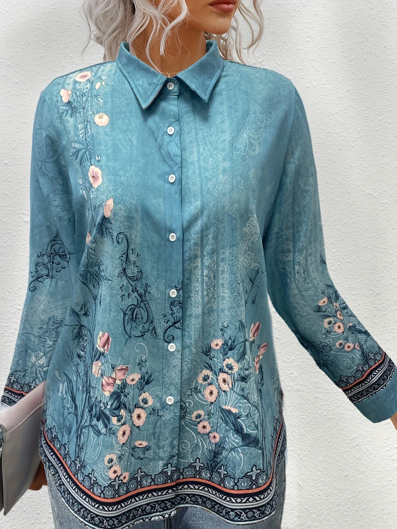 Camisa de manga larga con estampado Floral Retro para mujer, Top elegante de viaje diario para oficina, solapa de moda al aire libre