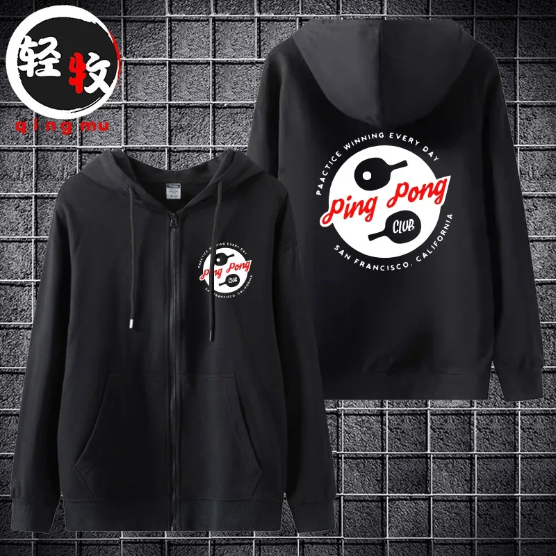 

Men's Casual Hooded Zipper Sweatirt Pong Club Support Streetwear Long Sve Cotton Fabric Stand Fit Printed Design