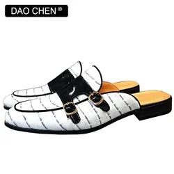 LUXURY BRAND MEN'S MULES HALF SHOES WHITE CROCODILE PRINT CASUAL DRESS MAN SHOE SUMMER COMFORTABLE LEATHER SHOES FOR MEN