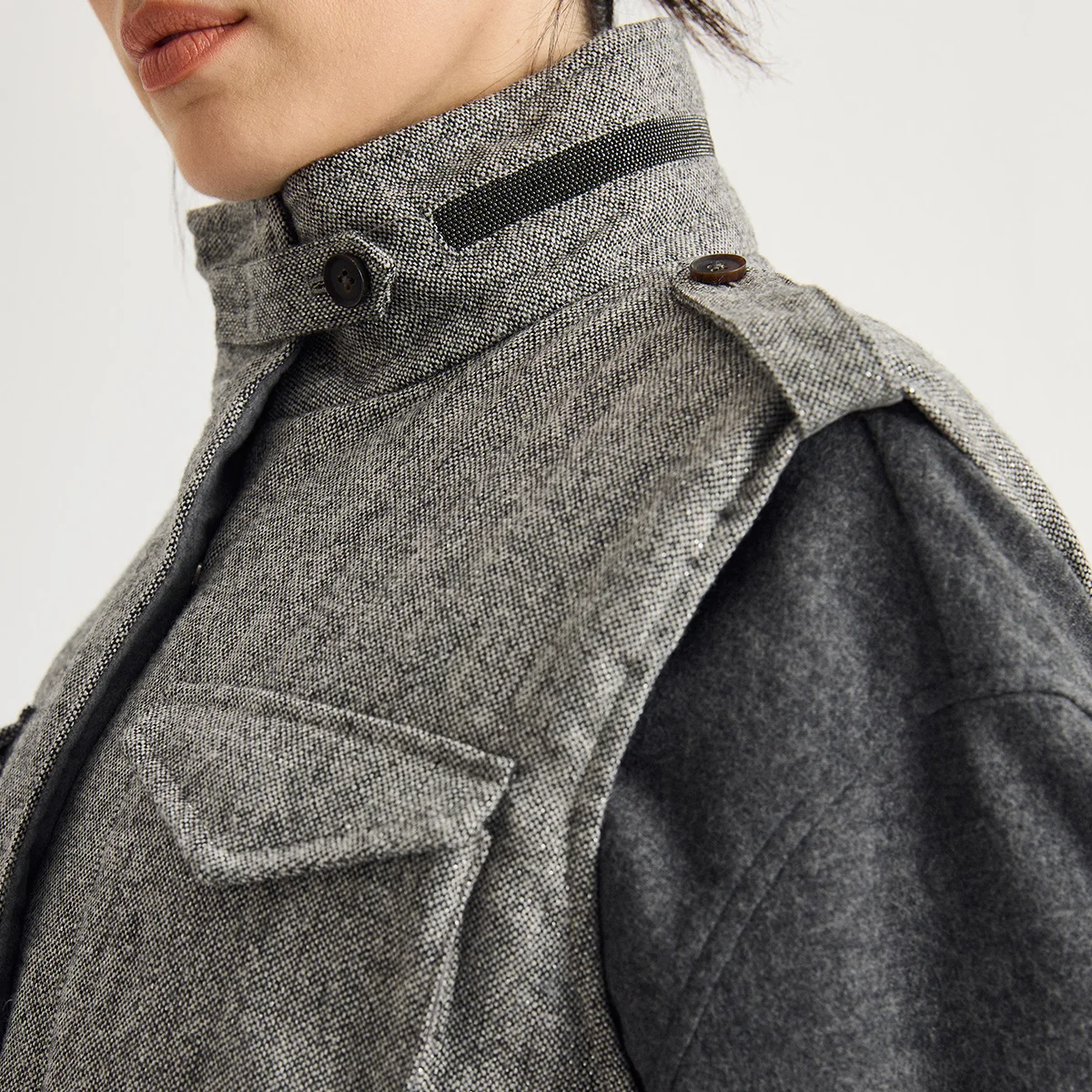 KX9523502 Women's Wool Blend Goose Down Filled Vest Stand Collar 4 Flap Pockets Epaulettes Zip Front Old Money Early Autumn