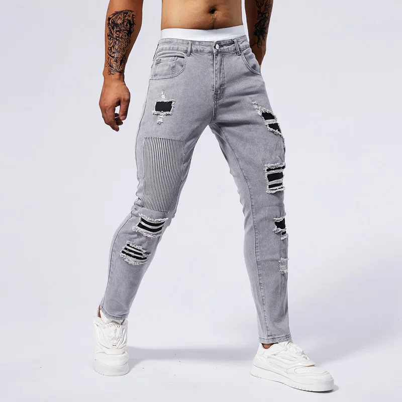 Skinny Jeans Men's Hole Patch Stitching Fashion Men's Clothing 2024 New High-End Stretch Slim Fit Tapered Pants