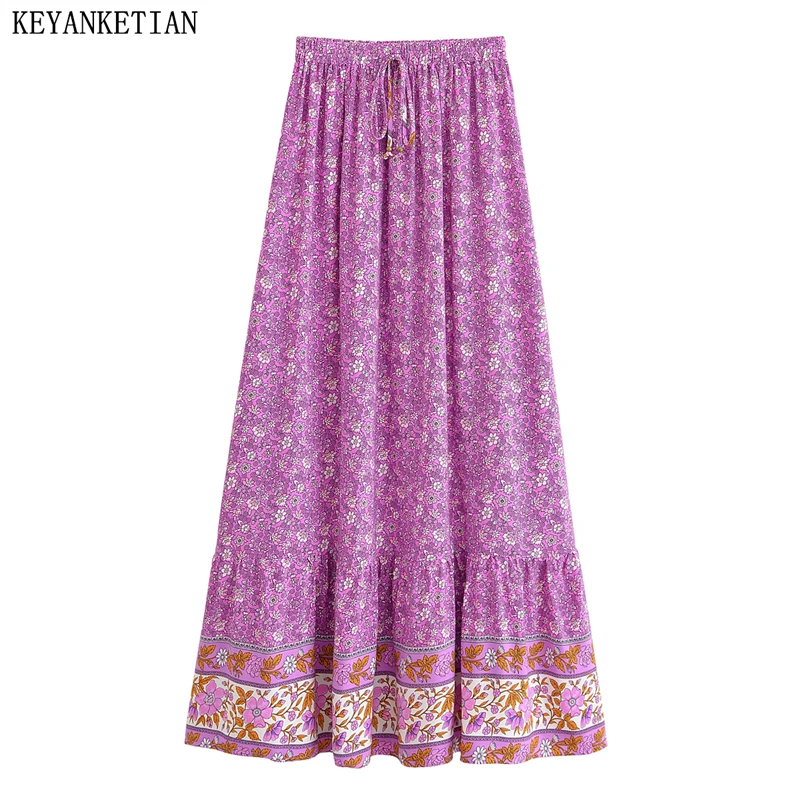 KEYANKETIAN Women's Lace Up Elastic Waist SlimA Line Long Skirt 2026 New Bohemian style Flower Print Fresh MIDI Skirt