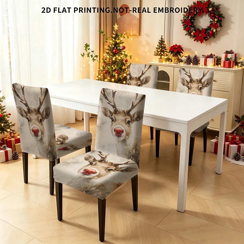 2/4/6 PCS Christmas reindeer elastic dining chair cover, retro forest deer holiday pattern, Christmas home holiday decoration