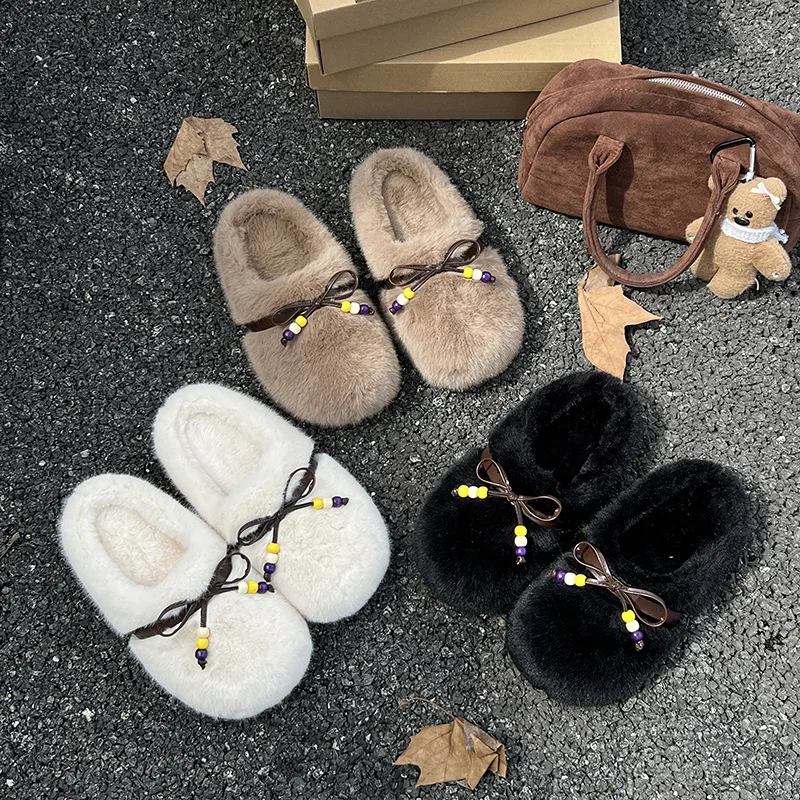 

Beaded Cute White Furry Slippers Women Outdoor Wear2025New autumn and winter warm closed-toe cotton slippers