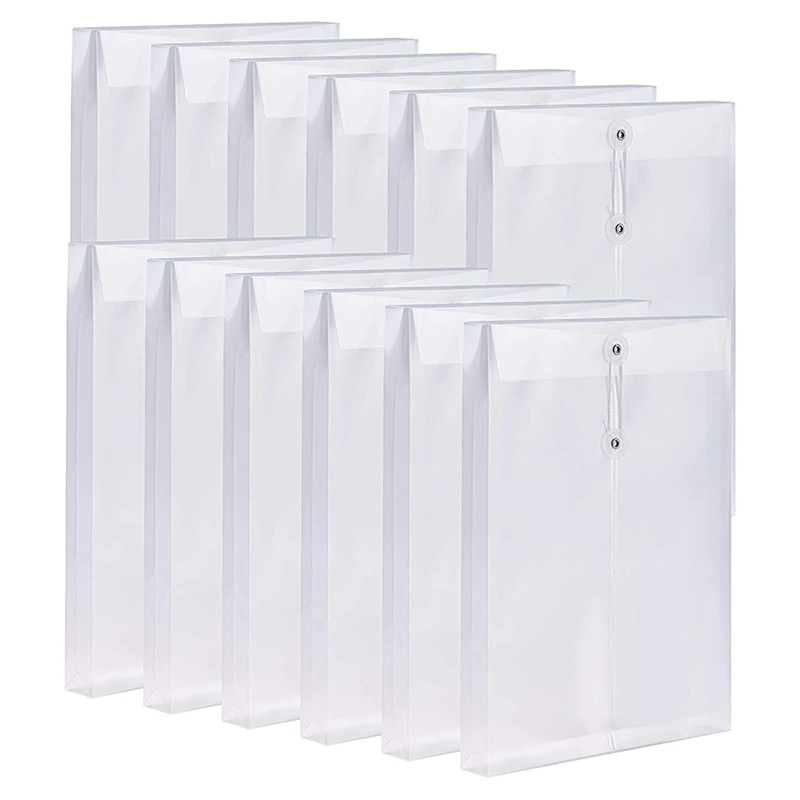 

12 Pack Clear Plastic Envelopes Poly Envelopes Expandable Files Document Folders With Button & String Tie Closure A4