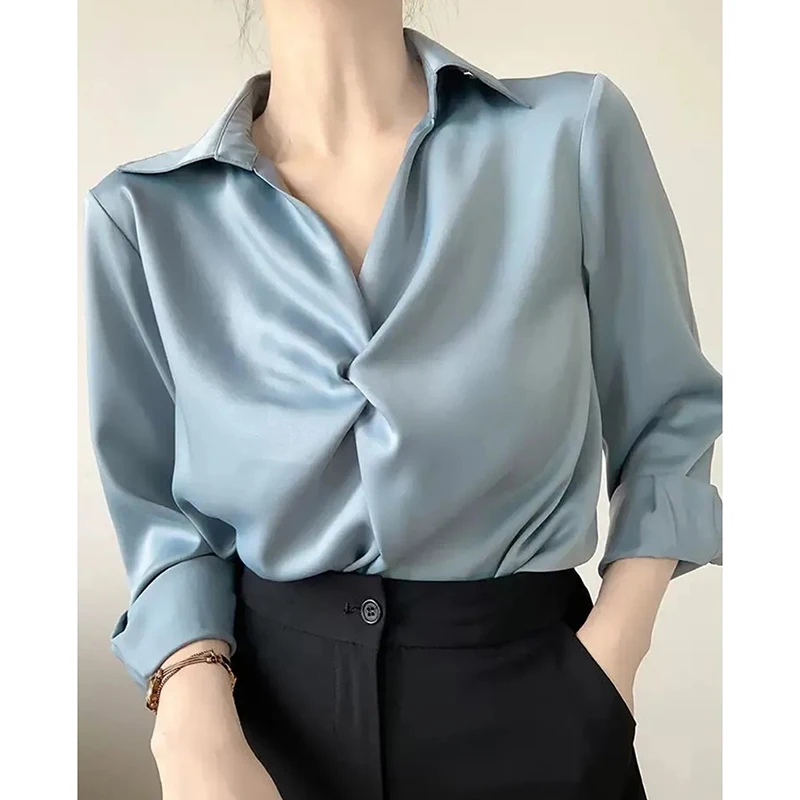 Chemisier drapé en Satin bleu pour femmes, Chic, col en V, manches longues, chemise plissée, élégant, bureau, résistant aux rides