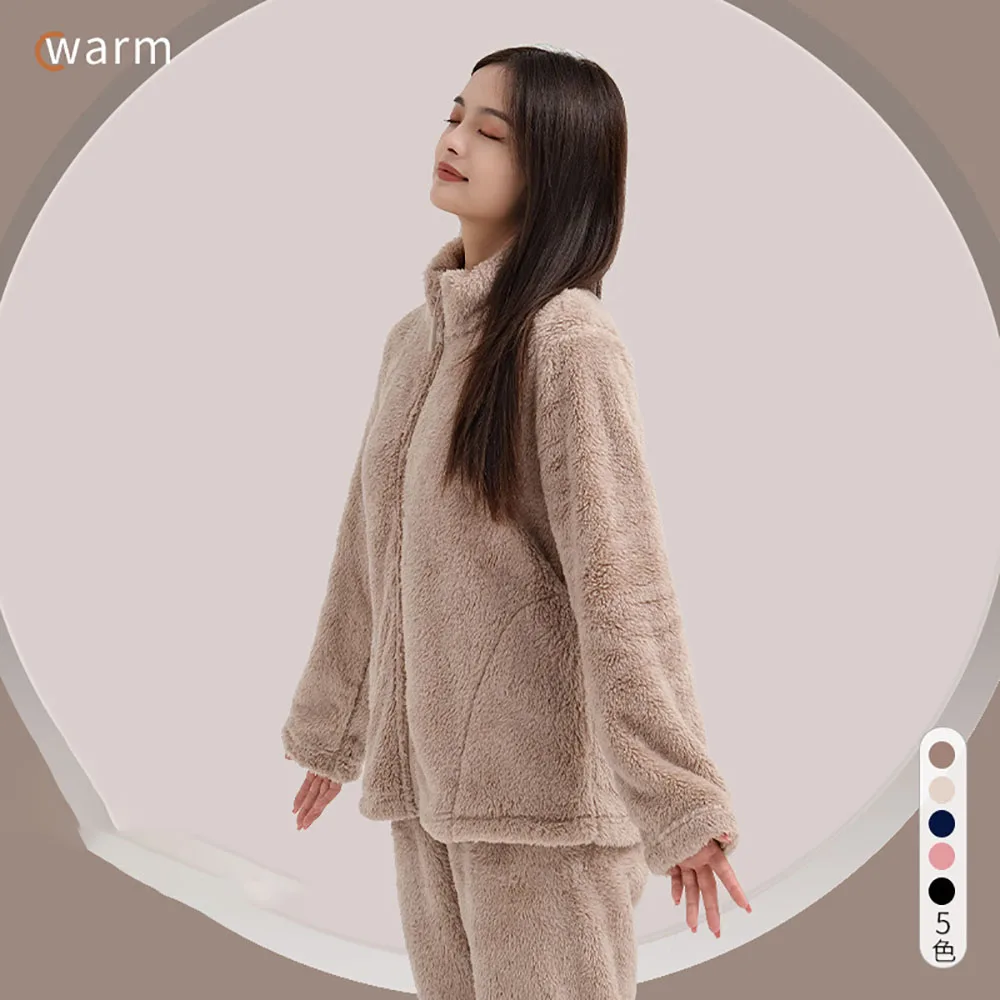 Autumn Winter New Pajamas For Women Coral Plush Solid Color Thick Standing Neck Zippered Cardigan Warm Ladies Home Clothing Set