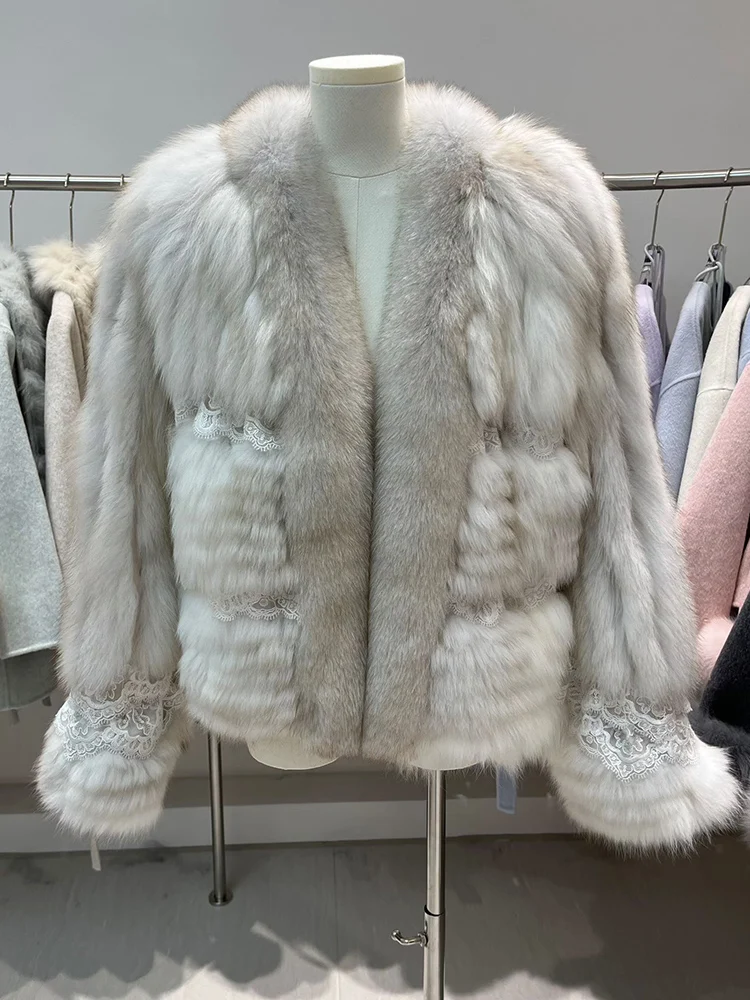 

New Winter Warm Women's Natural Real Fox Fur Coat Women Fur Strip Sewed Toghter Short Style Female Luxury Jackets