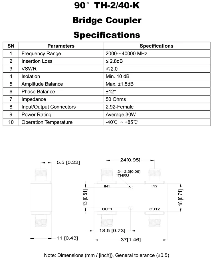 TH-2/40-K 2-40 جيجا هرتز 30 واط RF الميكروويف محوري 90 درجة جسر المقرنة