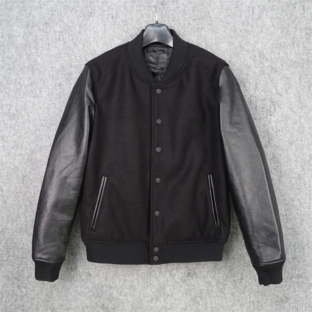 Faionable Ci Men's Sle ort Baseball Jaet Genuine Top Layer Cowhide Leather Coat Woolen Cuff Single Button Closure