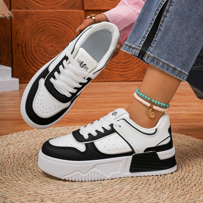 Internet Celebrity Thick-Soled White Shoes for Women with Color-Blocking Genuine Leather Laces