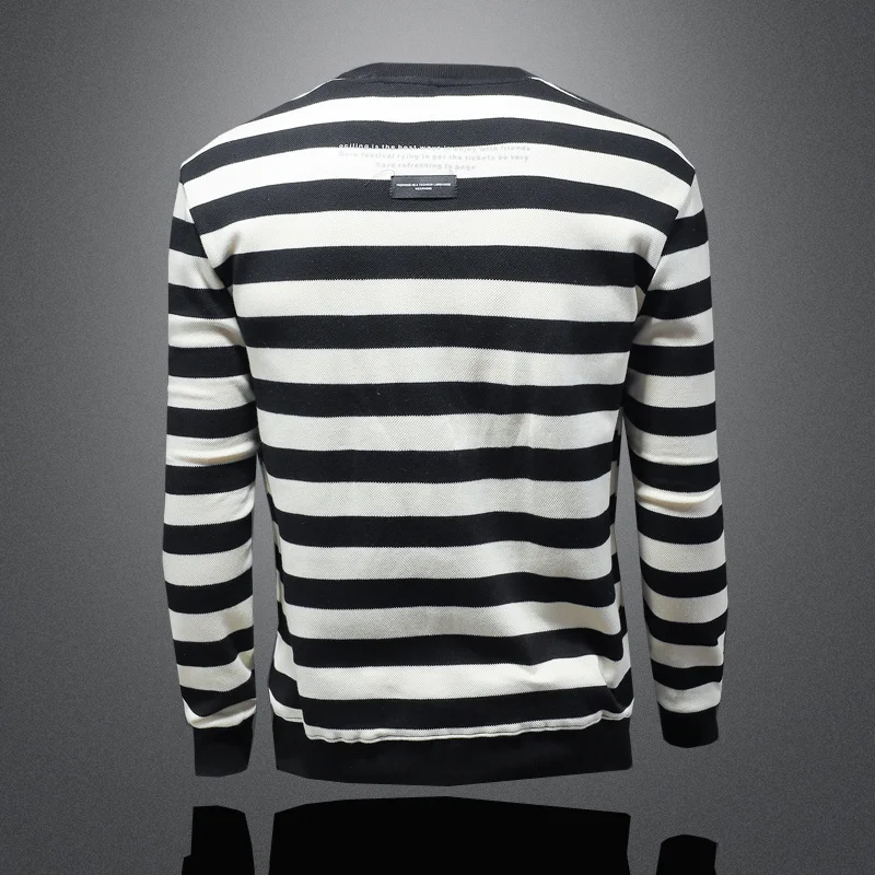 Autumn Winter Stylish Casual 2023 Men's Contrast Round Neck Striped Sweater Trendy Elegant Design Top Male Shirt Clothes