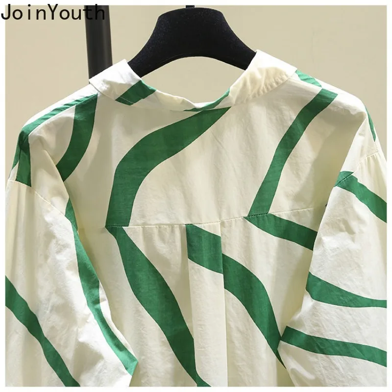 Green Striped Shirts for Women Long Sleeve Casual Summer Blouses 2024 Blusas Mujer De Moda Vintage Fashion Oversized Tops 27y285