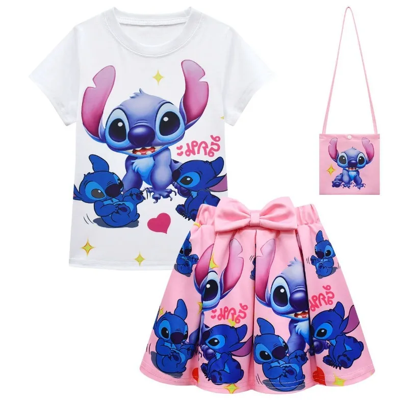 

Disney cartoon cute Stitch girls short sleeve pleated skirt set summer creative t-shirt short skirt princess dress show costume