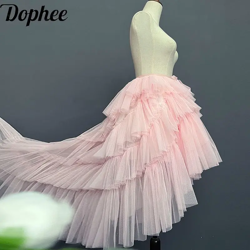 Dophee Front Short Back Long Mopping Floor Trailing Skirt Detachable Elegant Ruffles Cake Puffy Skirt Irregular Mesh Skirts
