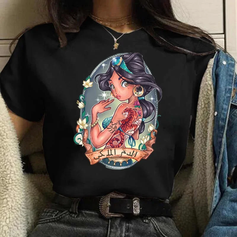 Women T-shirt Disney New Punk Princess Jasmine Printed Fashion T Shirts 90s Girls Kawaii Graphic Tops Harajuku Female O Neck Tee