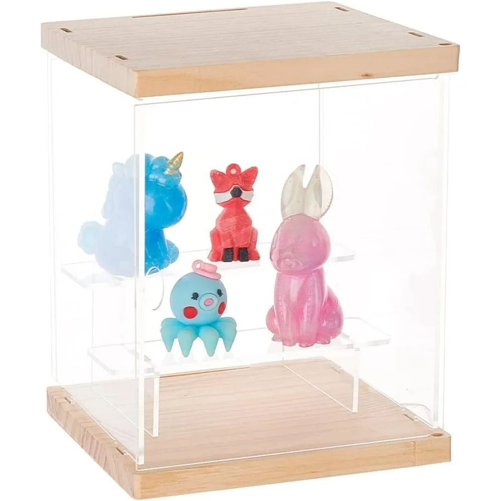 3-Tier Clear Acrylic Display Case for Collectibles 5.9x5.9x7.1 inch Assemble Acrylic Box with Wood Base Countertop