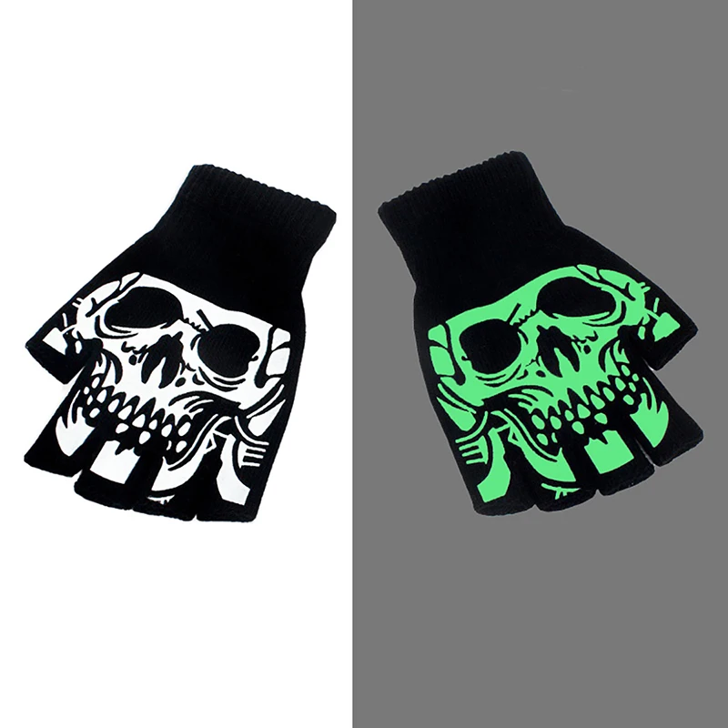 Moda halloween inverno luvas mais quentes luminosa horror crânio osso esqueleto metade dedo luvas cosplay novidade unisex luvas
