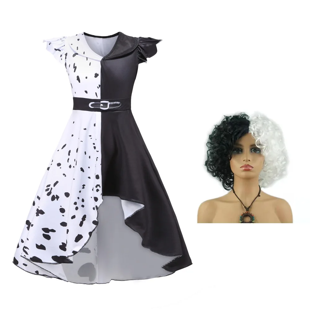 Cruella Deville Costume Kids White Black Dalmatian Vestidos Baby Girls Halloween Party Dress Children Performance Dresses Cloak