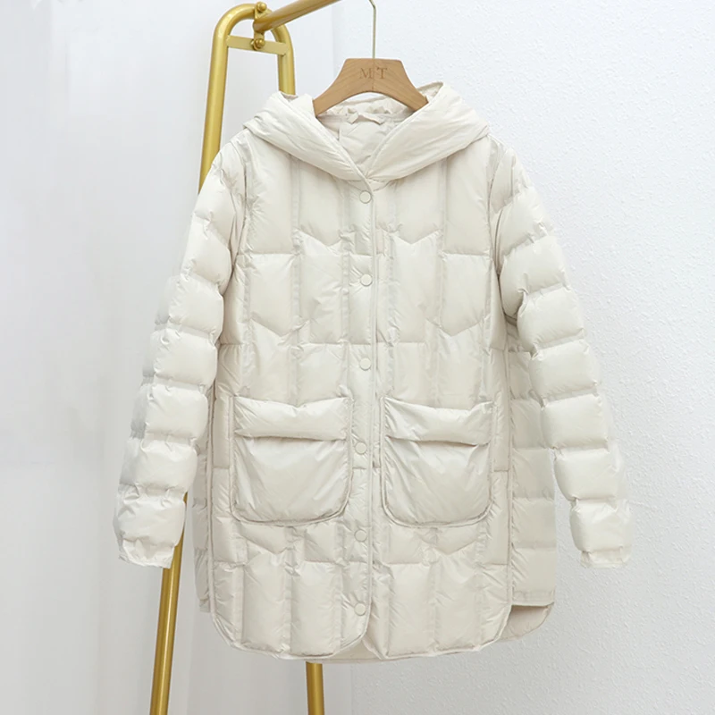 Autumn Winter Women Mid-Long Hooded Puffer Coat Ultra Light White Duck Down Jacket Female Single Breasted Parkas