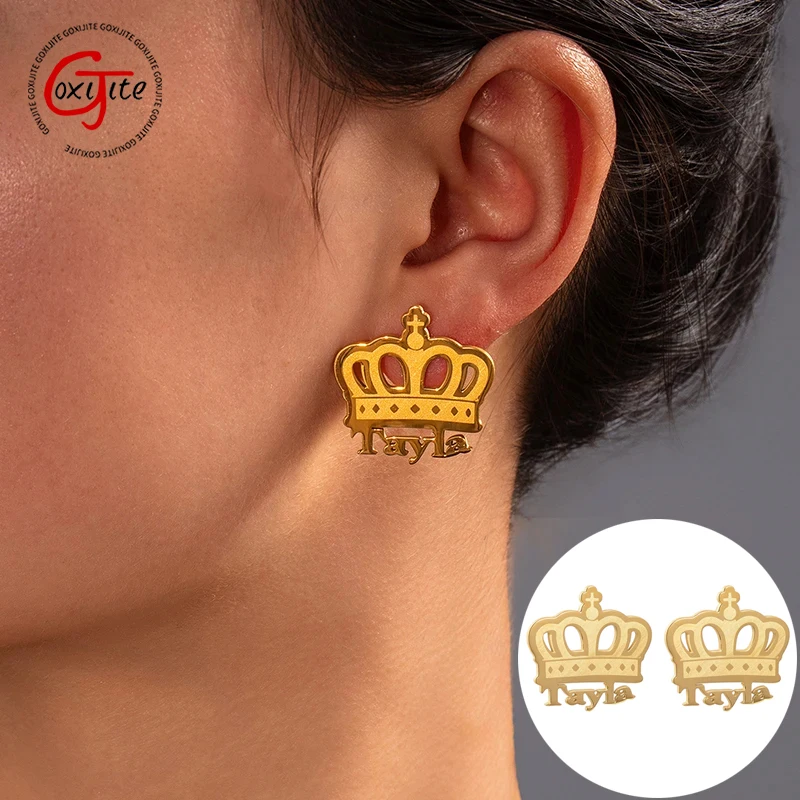 

Goxijite Customized Name Laser Style Crown Earrings For Women Stainless Steel Personalized Letter Earrings Festive Jewelry Gift