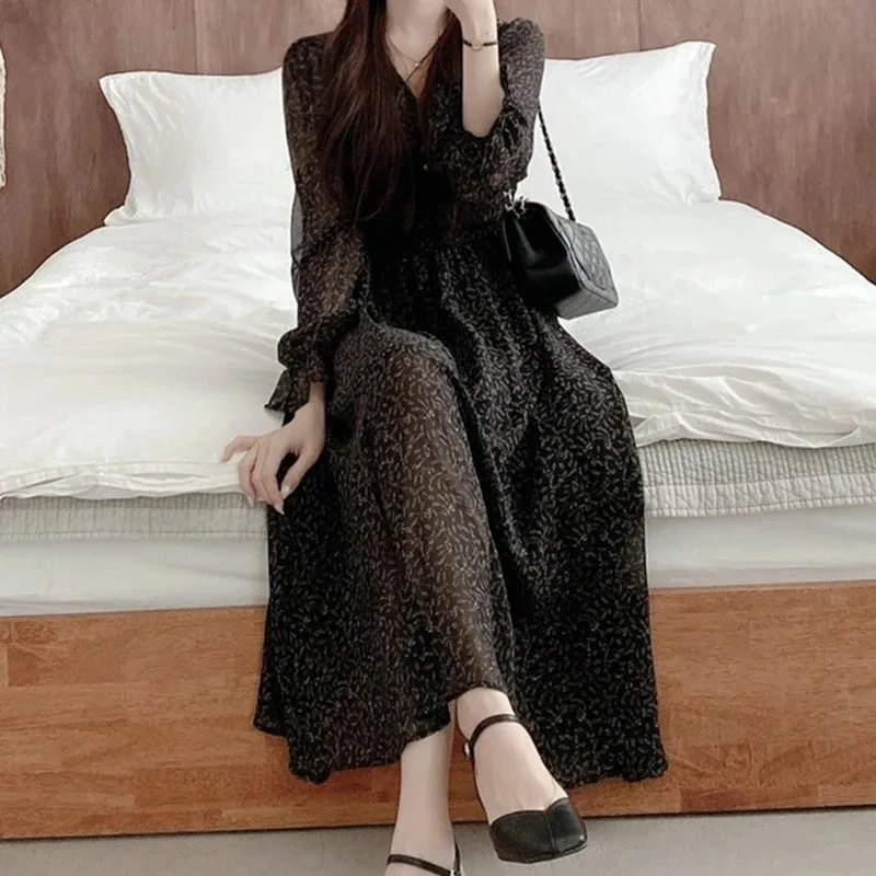 Vestido elegante de gasa Floral por debajo de la rodilla con cuello en V, vestido Maxi Vintage informal a la moda para mujer, Vestidos femeninos de manga larga, Vestidos 11665