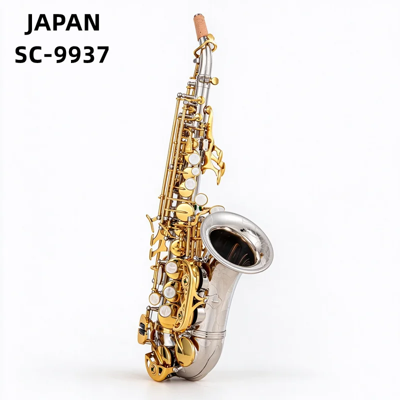 Bb Curved Soprano Saxophone, Nickel Plated Body with Gold Keys, Professional Woodwind Instrument for Performance Practice